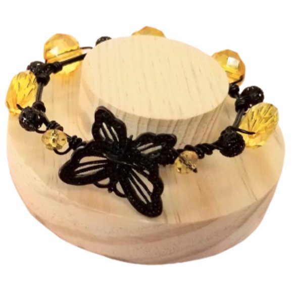 Jewelry - Black Wire Wrapped Butterfly Yellow Bead Bracelet